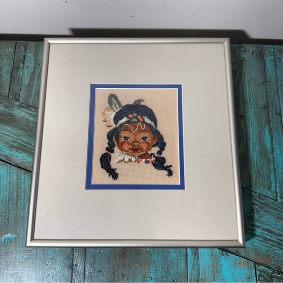 Petit Point Framed Wall Art, Native American Girl, Needlepoint - Picture 3 of 11